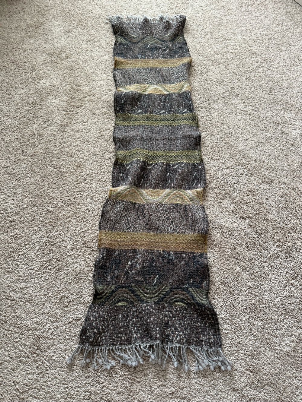 Striped and Swirled Wool Scarf in Gray and Olive